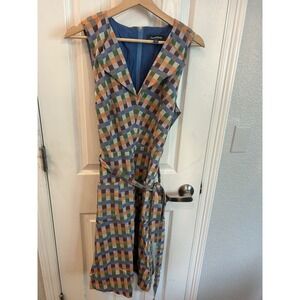 ModCloth Midi Dress Multicolor Gingham Check Sleeveless V-Neck Pockets Retro L